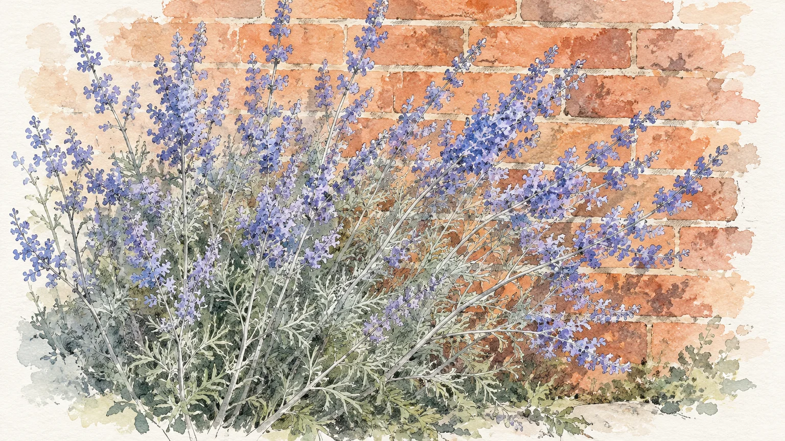 Watercolor illustration of Russian sage with lavender-blue flower spires and silvery foliage against a red brick wall.