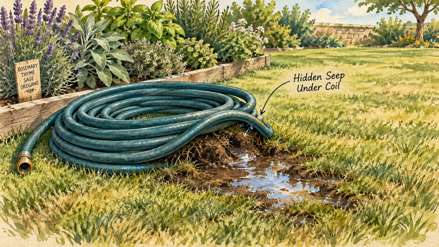Illustration of a coiled green garden hose lifted up to show a muddy puddle of leaking water underneath.