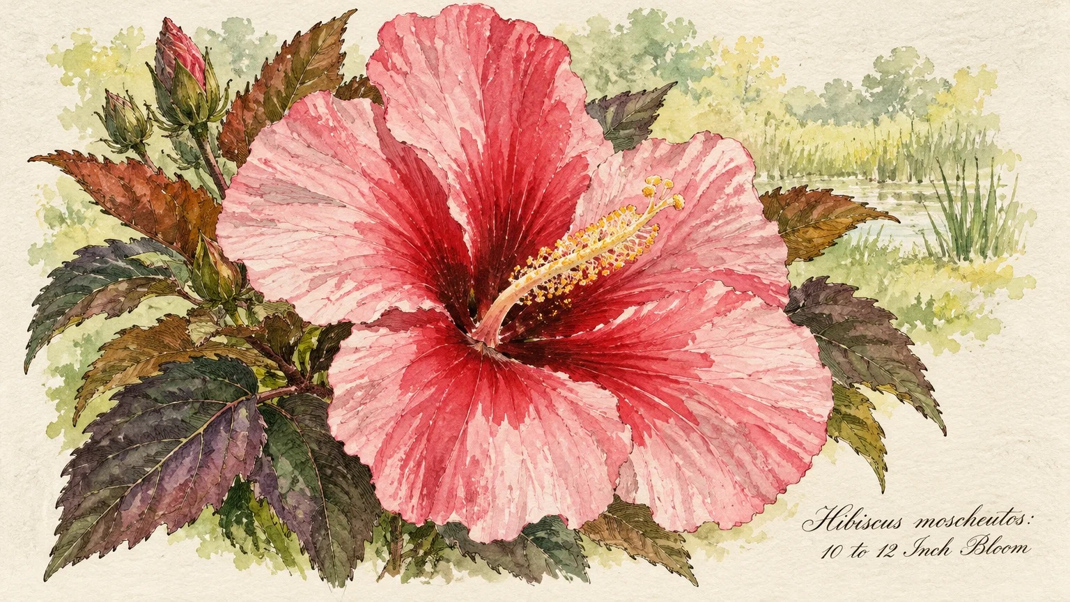 Botanical watercolor illustration of a large pink hardy hibiscus bloom with dark foliage against a wetland background.