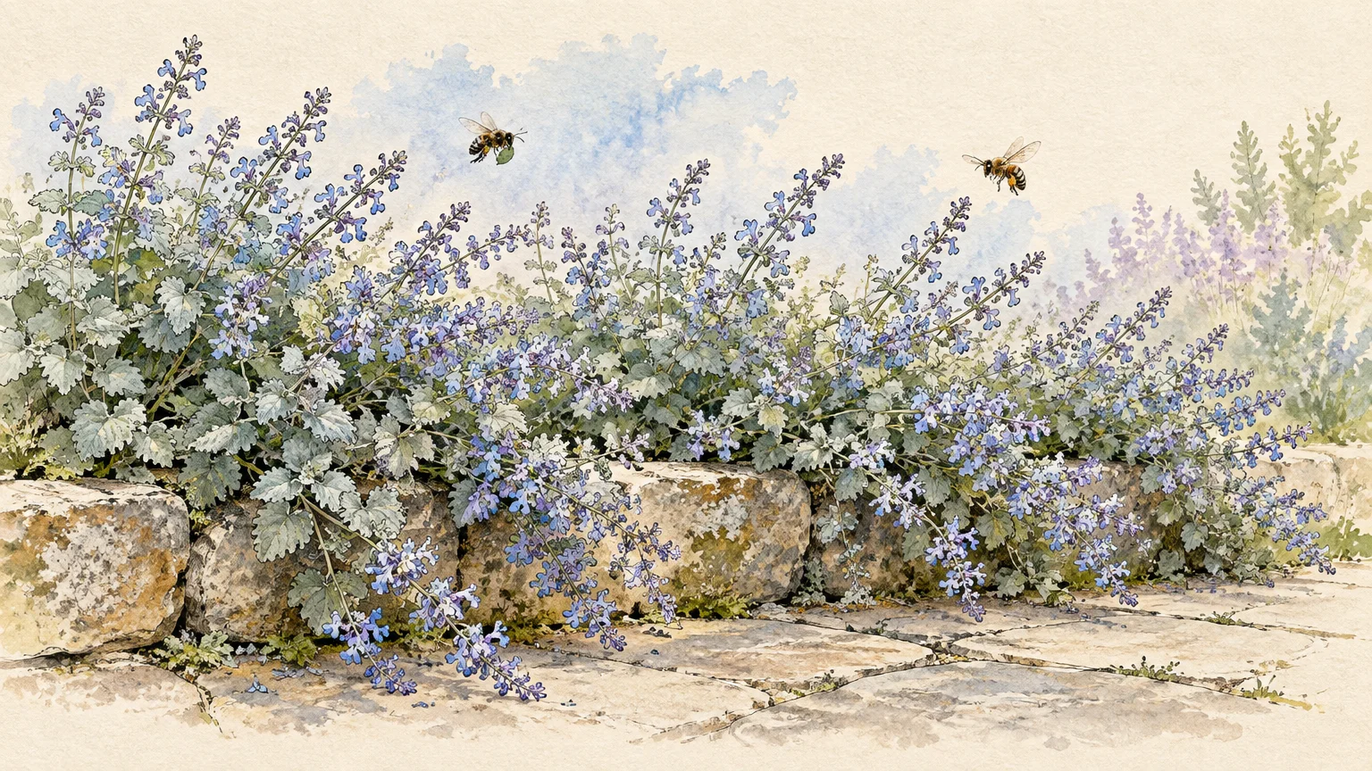Watercolor illustration of flowering catmint spilling over a low stone wall with two bees flying above.
