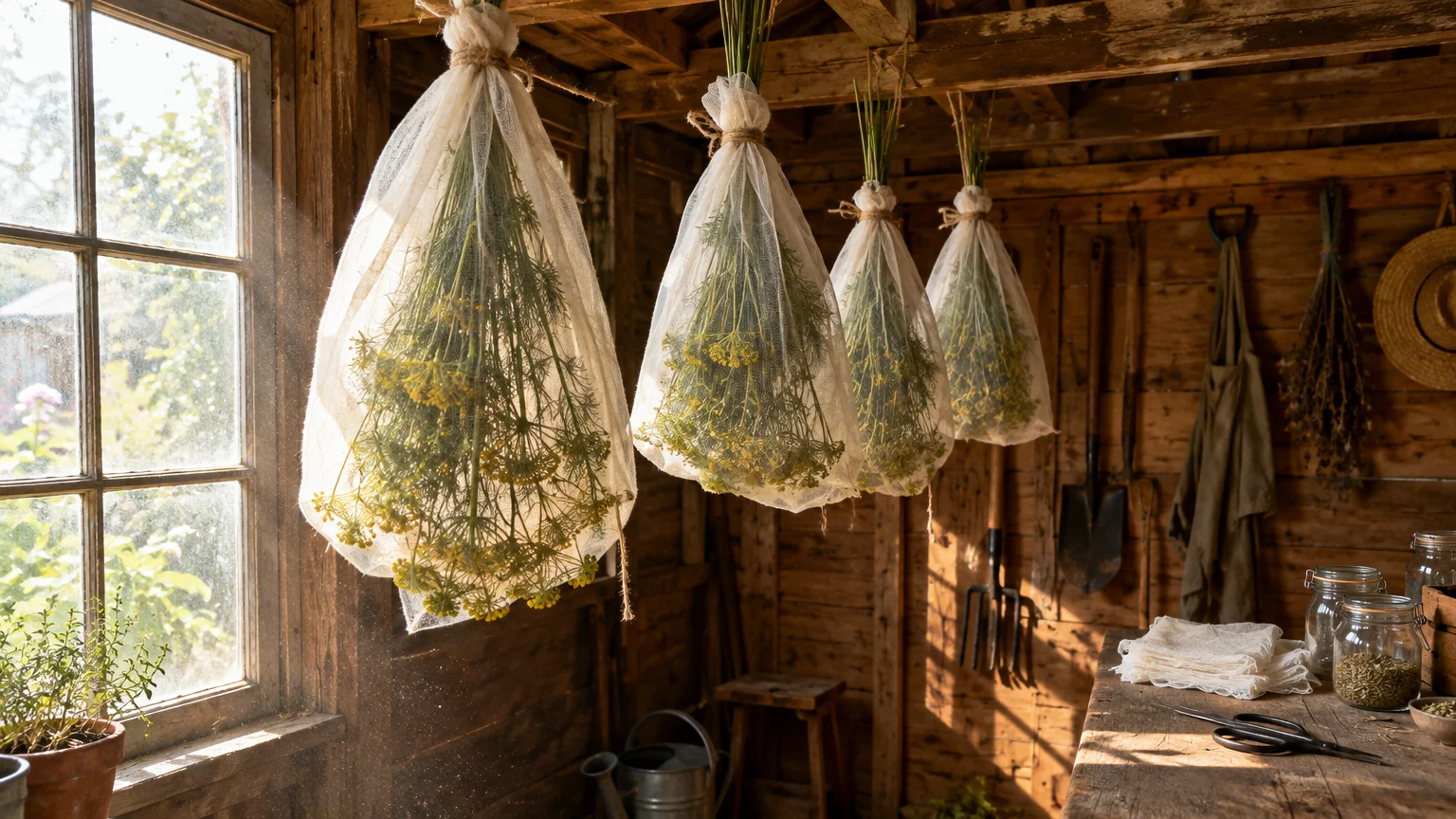 Bundles of flowering dill enclosed in white mesh bags hang upside down from wooden rafters in a rustic garden shed.