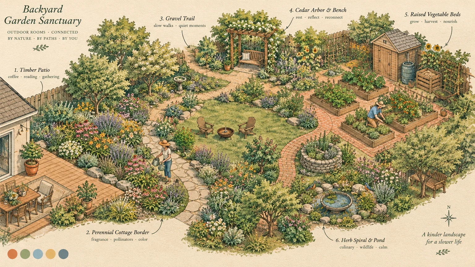 Illustrated garden plan diagram showing stone and brick pathways connecting a patio, lawn, arbor, and raised beds.