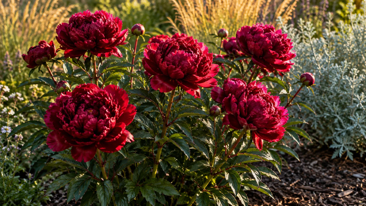 Deep crimson double peony flowers bloom on a bush surrounded by garden mulch and silvery foliage.