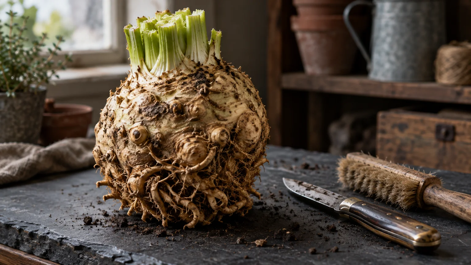 Knobby celeriac root with trimmed green stalks rests on a dark slate surface beside a folding pocket knife and cleaning brush.
