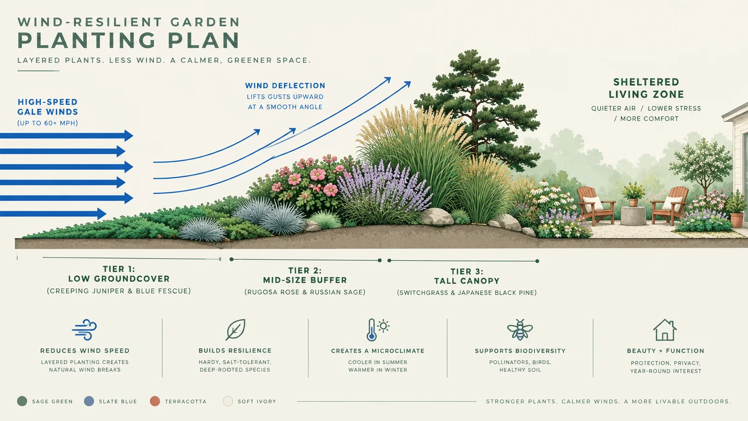 Planting plan diagram showing layered tiers of groundcover, shrubs, and trees deflecting wind over a sheltered patio zone.