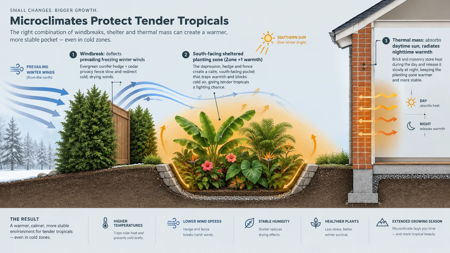 Diagram showing tropical plants protected from freezing winter winds by a cedar fence and warmed by a brick wall.