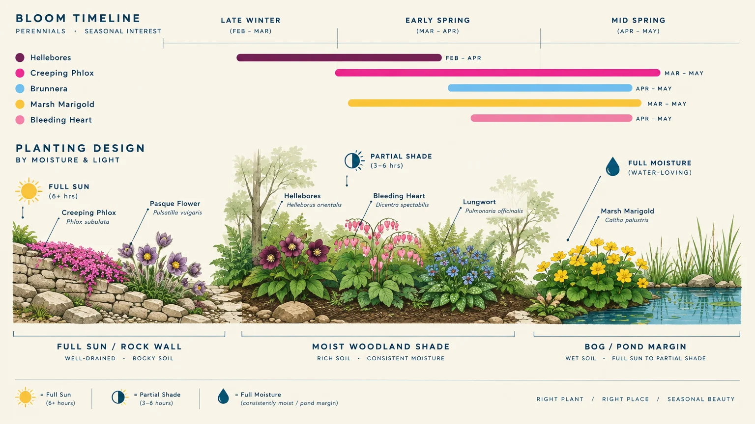 Garden diagram with a perennial bloom timeline above a planting design chart organized by sunlight and moisture levels.