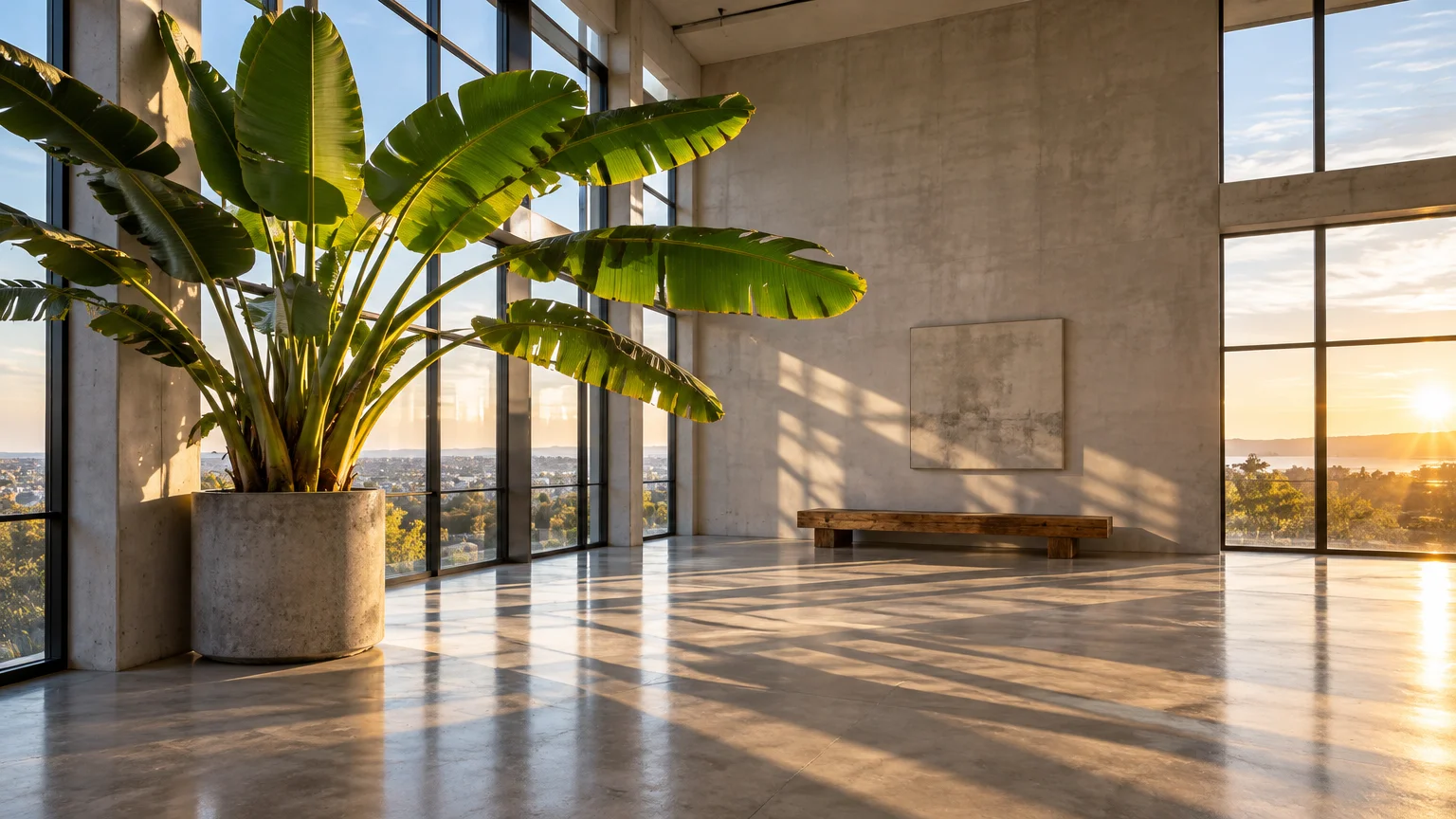 A large potted bird of paradise plant in a spacious, sunlit minimalist room with polished floors and floor-to-ceiling windows.