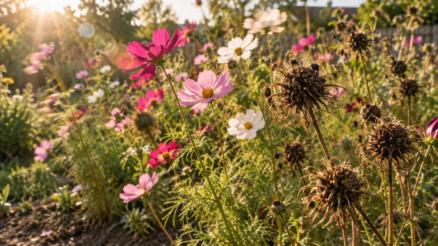 Pink, magenta, and white cosmos flowers bloom alongside dried, spiky seed heads in a sunlit garden bed.