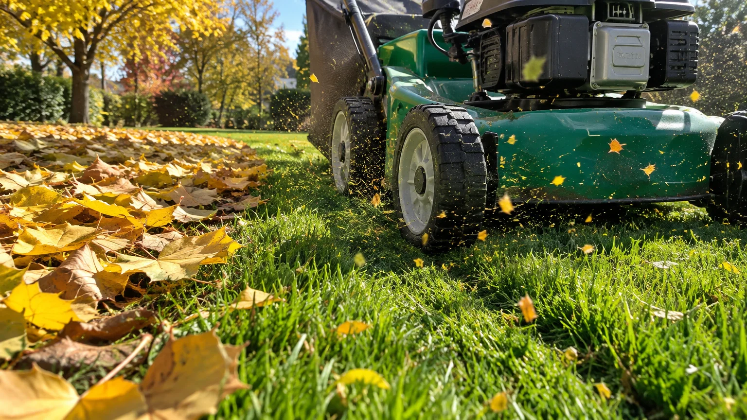 Low-angle view of a green lawnmower cutting grass and mulching yellow autumn leaves on a sunny lawn.