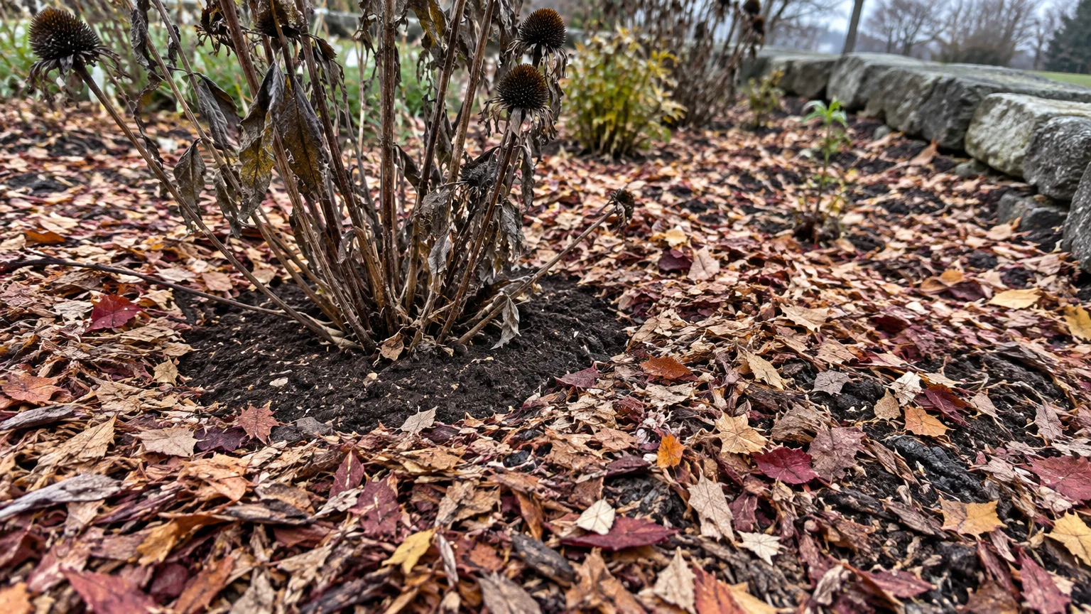 Shredded autumn leaves spread over a garden bed around a dormant perennial plant, leaving bare soil at the base.