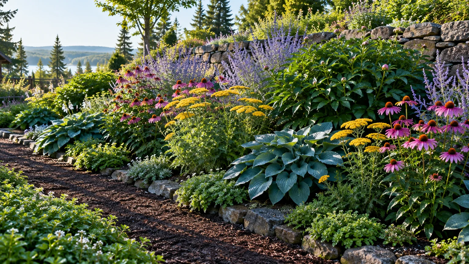 A stone-bordered garden bed filled with purple coneflowers, yellow yarrow, hostas, and lavender along a mulch path.