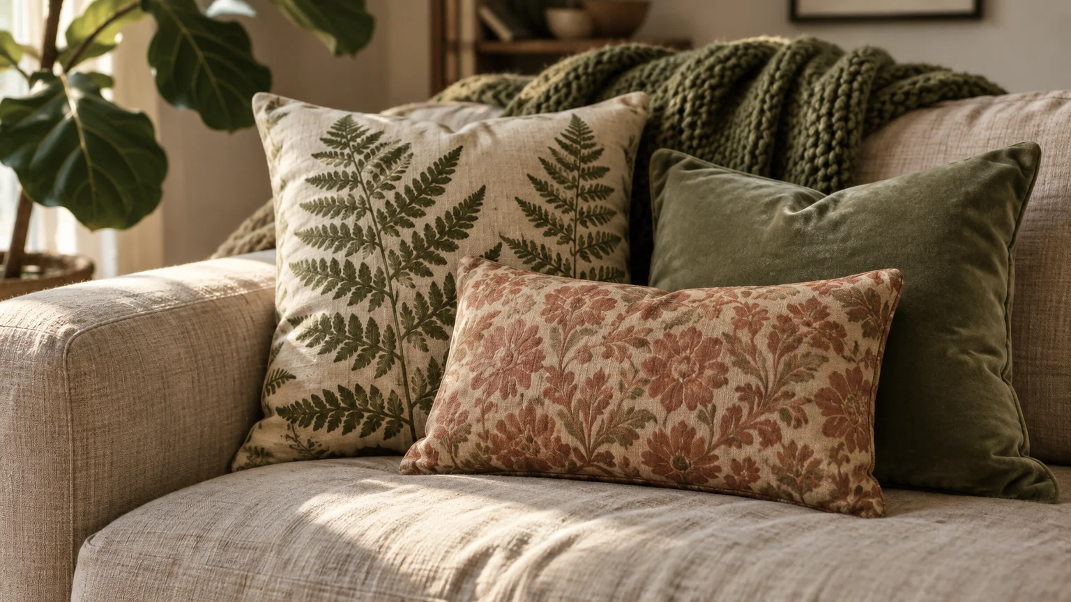 Fern and floral print pillows alongside green velvet cushions and a knit blanket on a beige linen couch.