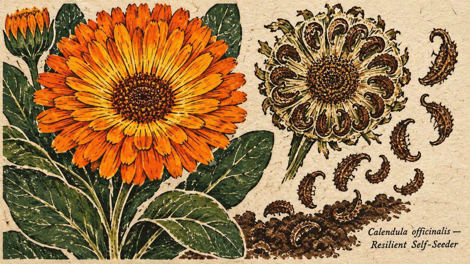 Botanical illustration of an orange calendula flower, green leaves, seed head, and curved brown seeds scattered over soil.