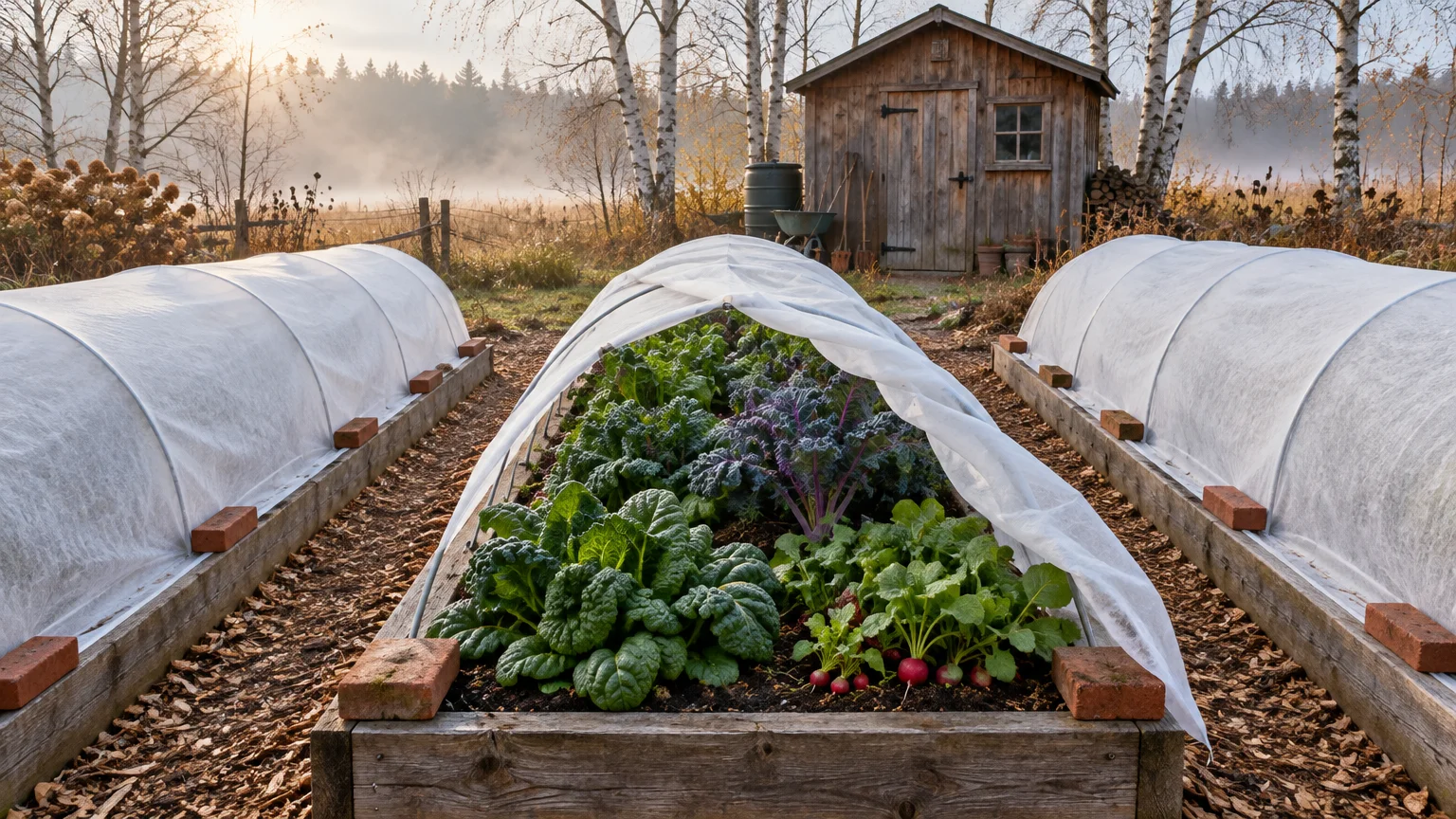 Low hoop tunnels covered with white fabric protect leafy vegetables in raised wooden garden beds on a misty morning.
