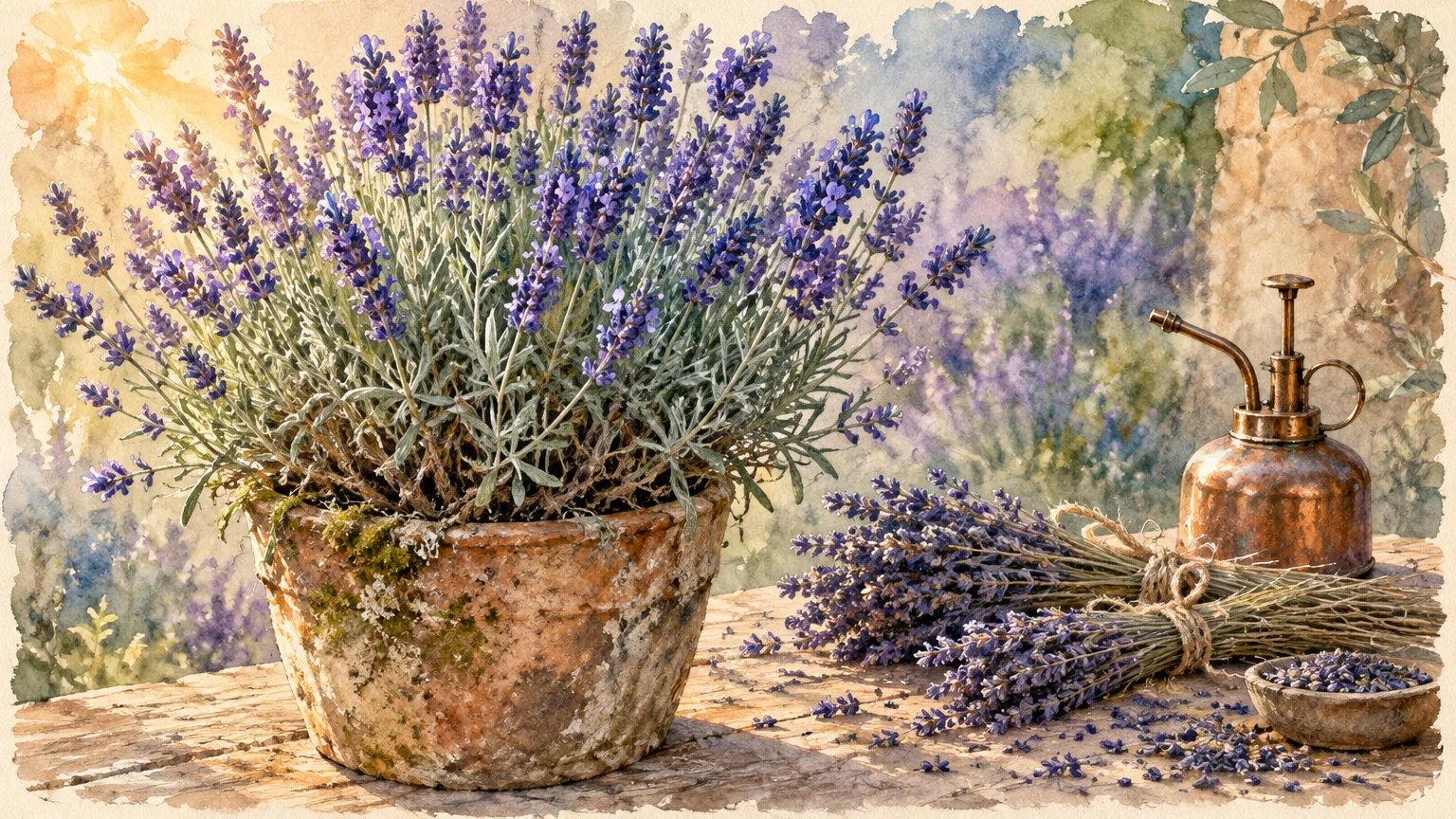 Watercolor illustration of potted blooming lavender, bundled dried sprigs, and a copper plant mister on a wooden ledge.