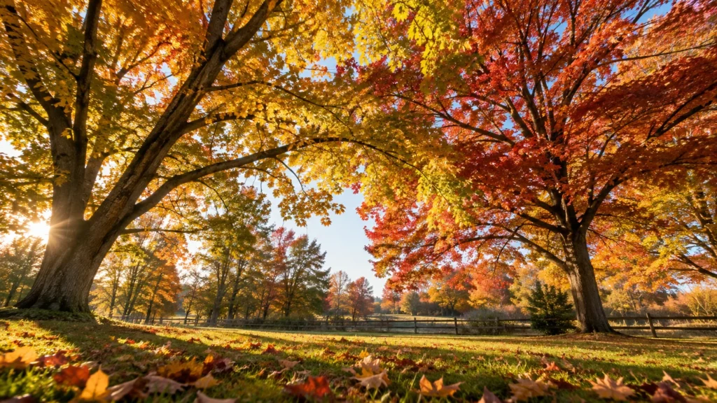 Low-angle view of large deciduous trees with bright yellow and red autumn foliage framing a sunlit grassy field.