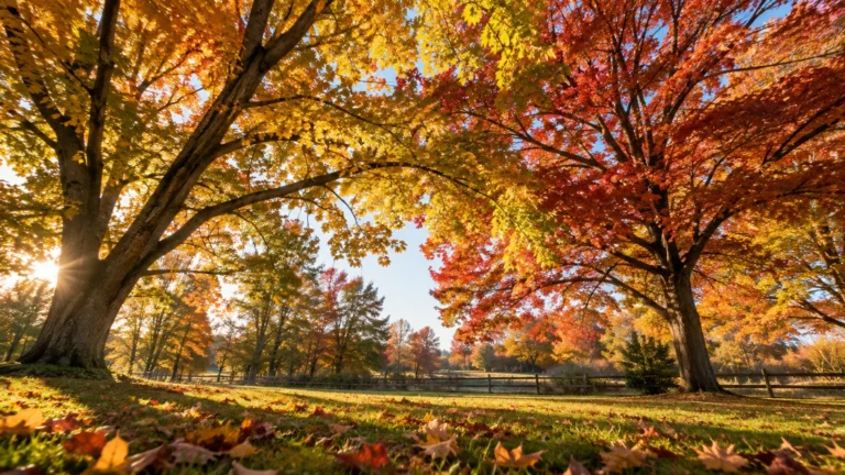 Low-angle view of large deciduous trees with bright yellow and red autumn foliage framing a sunlit grassy field.