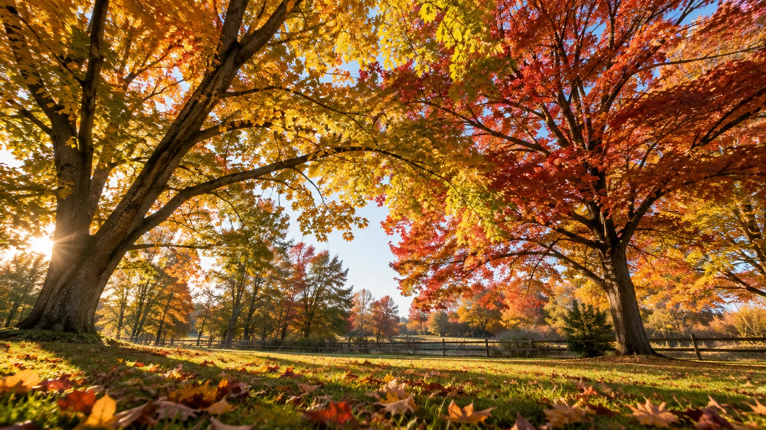 Low-angle view of large deciduous trees with bright yellow and red autumn foliage framing a sunlit grassy field.