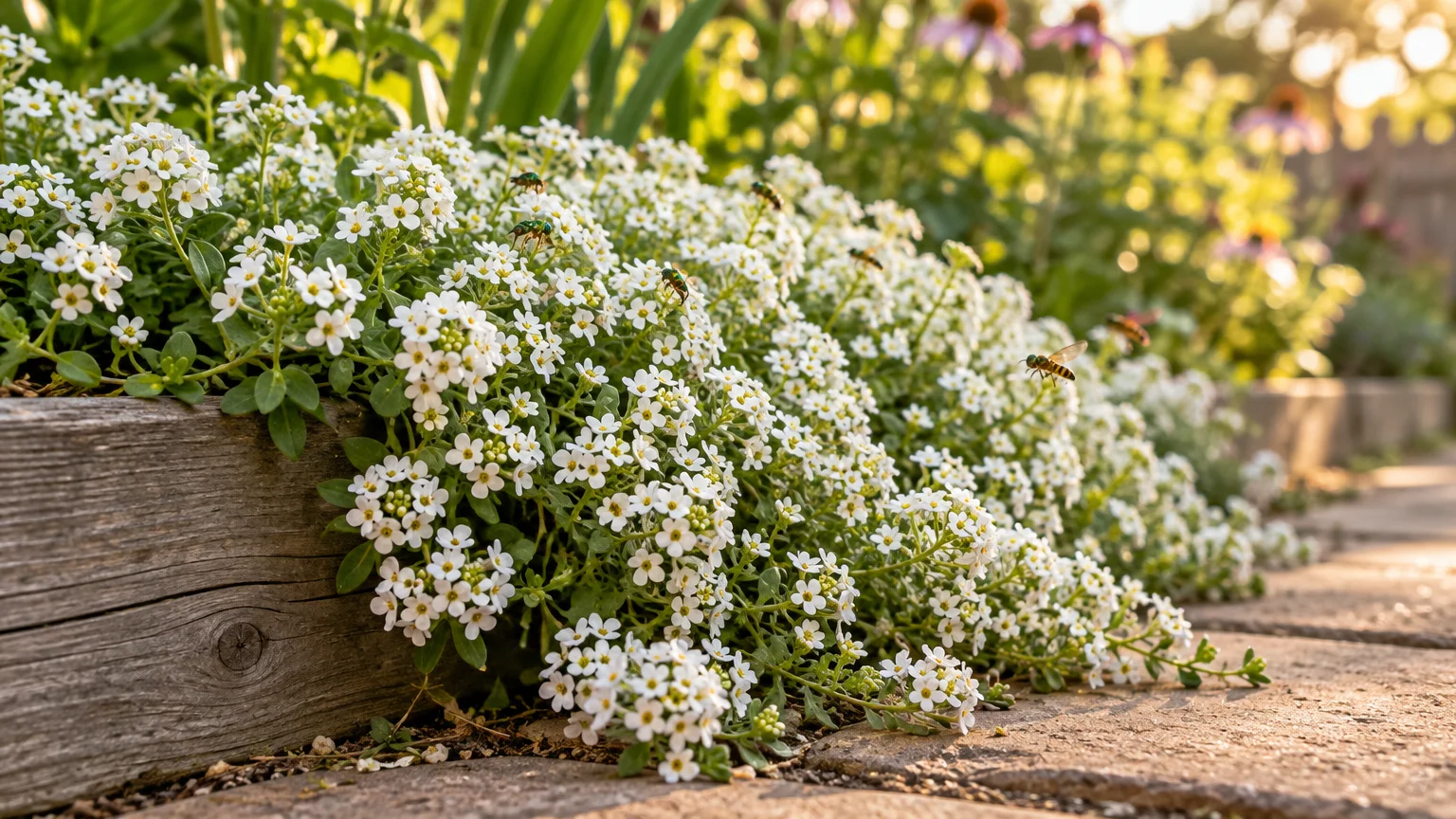 Tiny white sweet alyssum flowers spill over a wooden garden border onto a stone path with bees flying nearby.