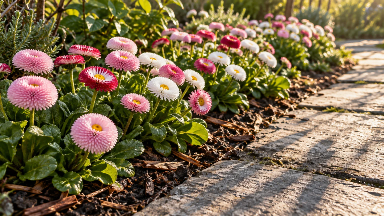 Pink and white button-shaped English daisies blooming along a stone pathway in a garden border in sunlight.