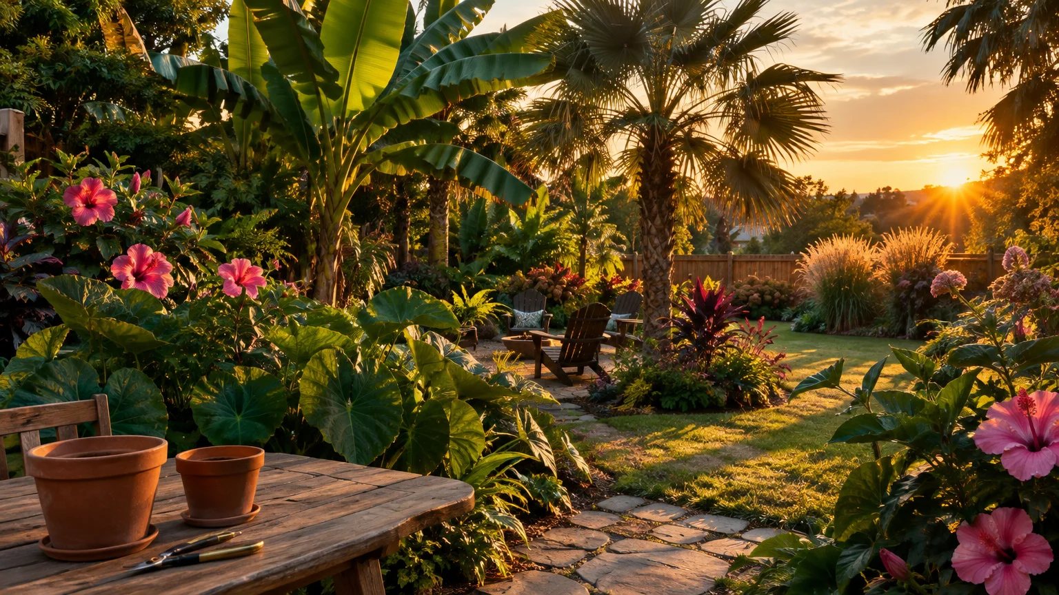 Lush backyard garden with palm trees, broadleaf plants, pink flowers, stone path, and a wooden table at sunset.