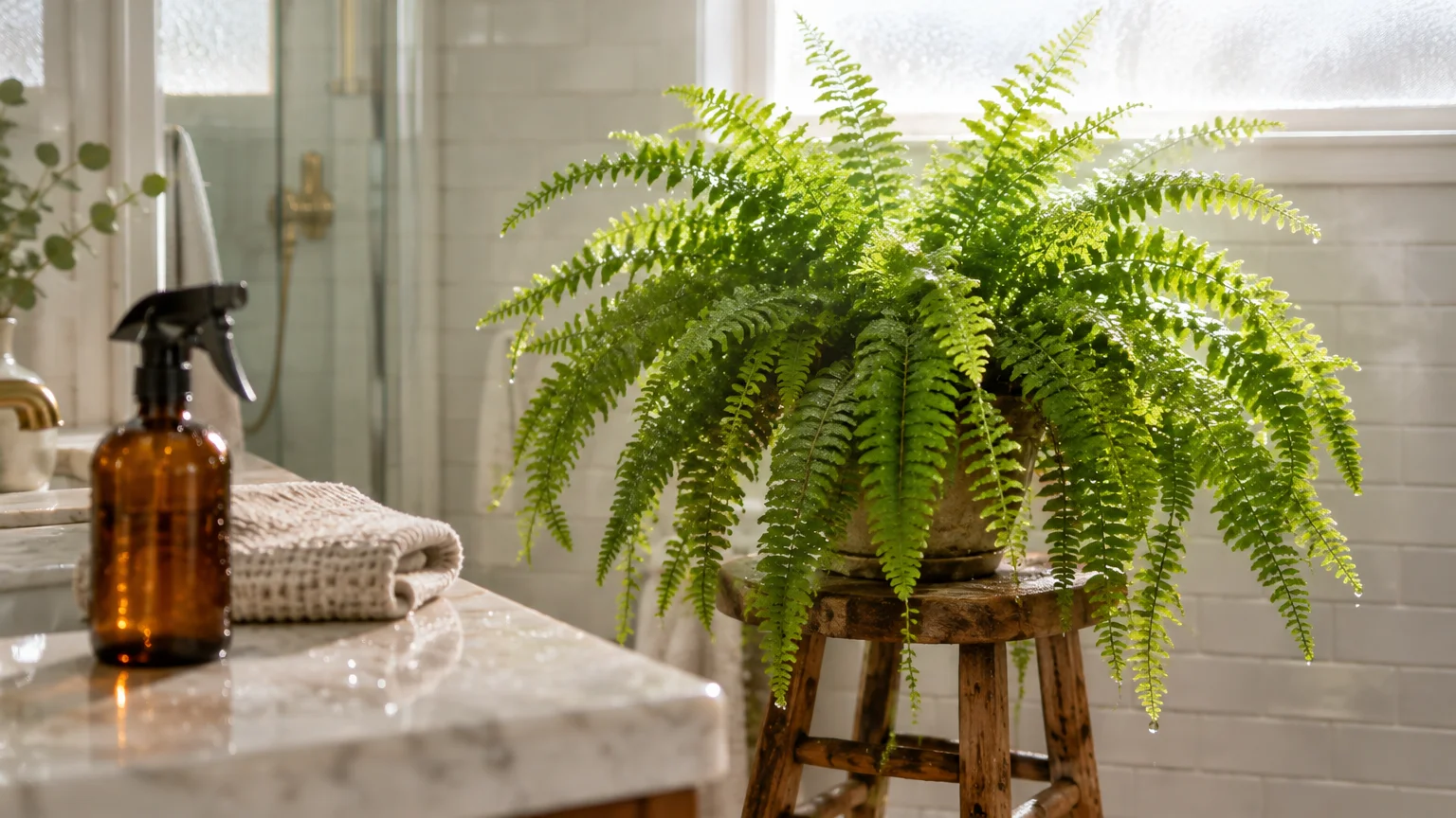 A lush Boston fern on a wooden stool in a bright bathroom next to an amber spray bottle on a marble counter.
