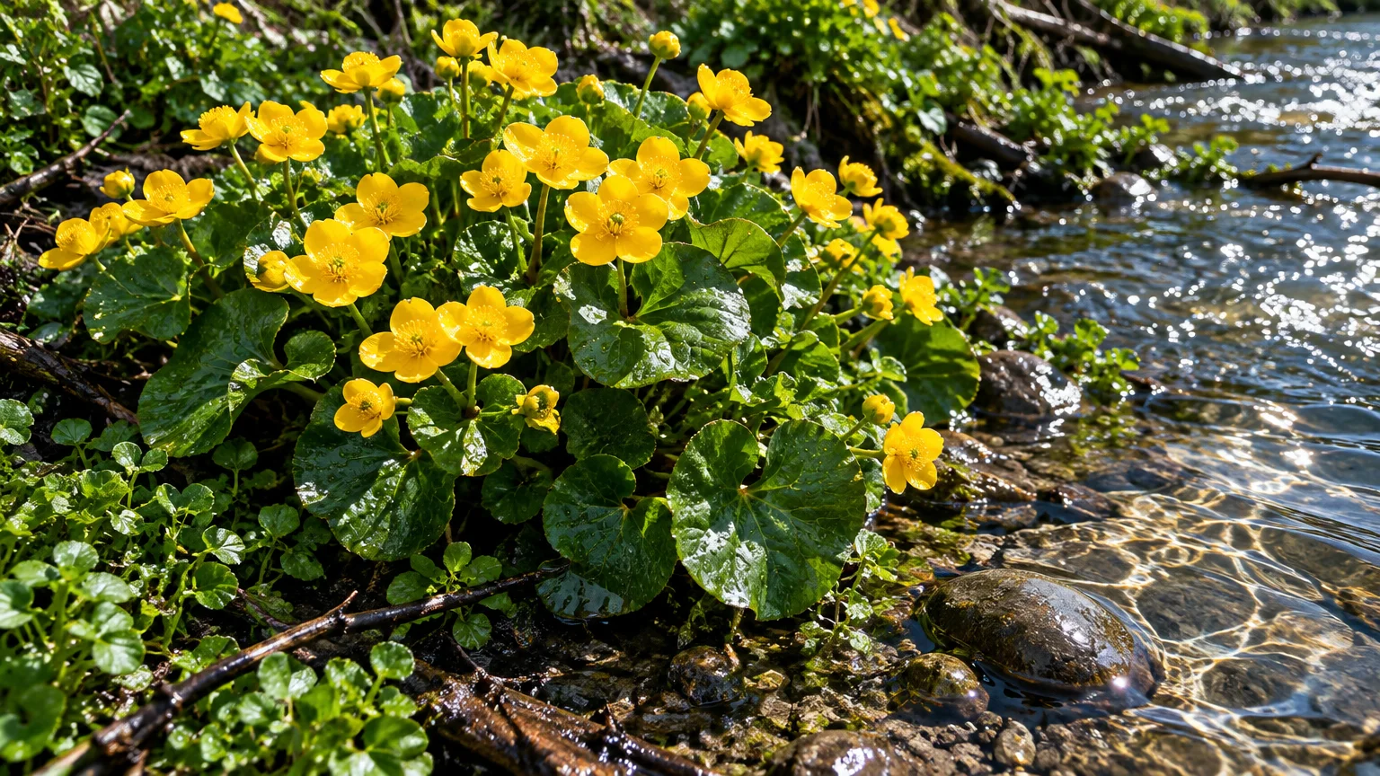 Yellow marsh marigold flowers and rounded green leaves blooming along a shallow, sunlit stream bank.