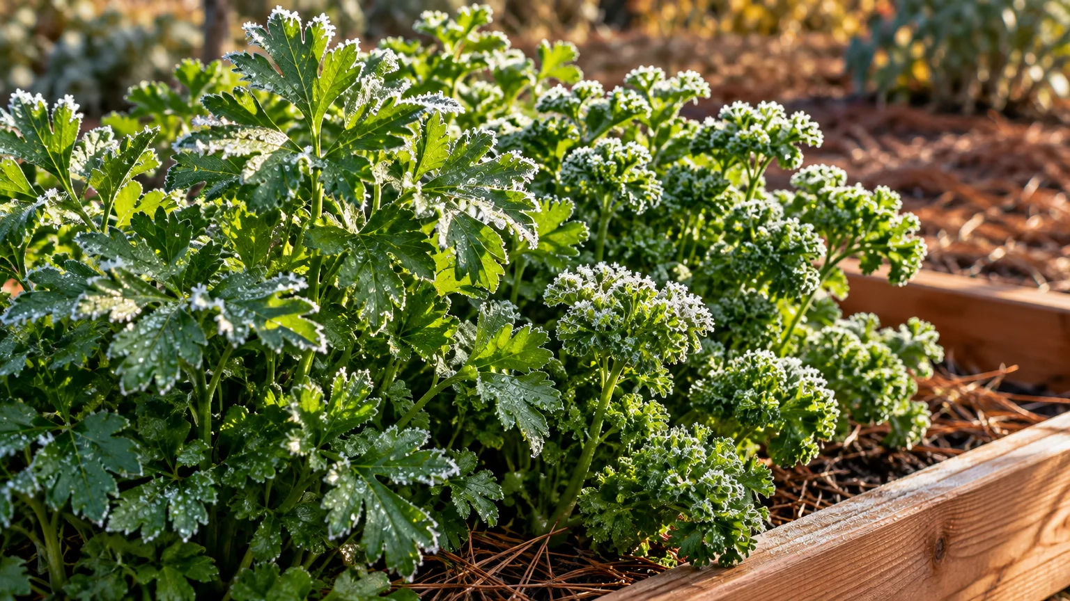 Flat-leaf and curly parsley plants rimmed with white frost growing in a raised wooden garden bed.