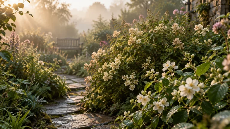 Sunlight streaming over blooming white shrubs along a wet stone garden path leading toward a wooden bench.