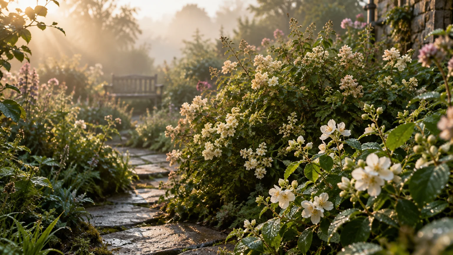 Sunlight streaming over blooming white shrubs along a wet stone garden path leading toward a wooden bench.