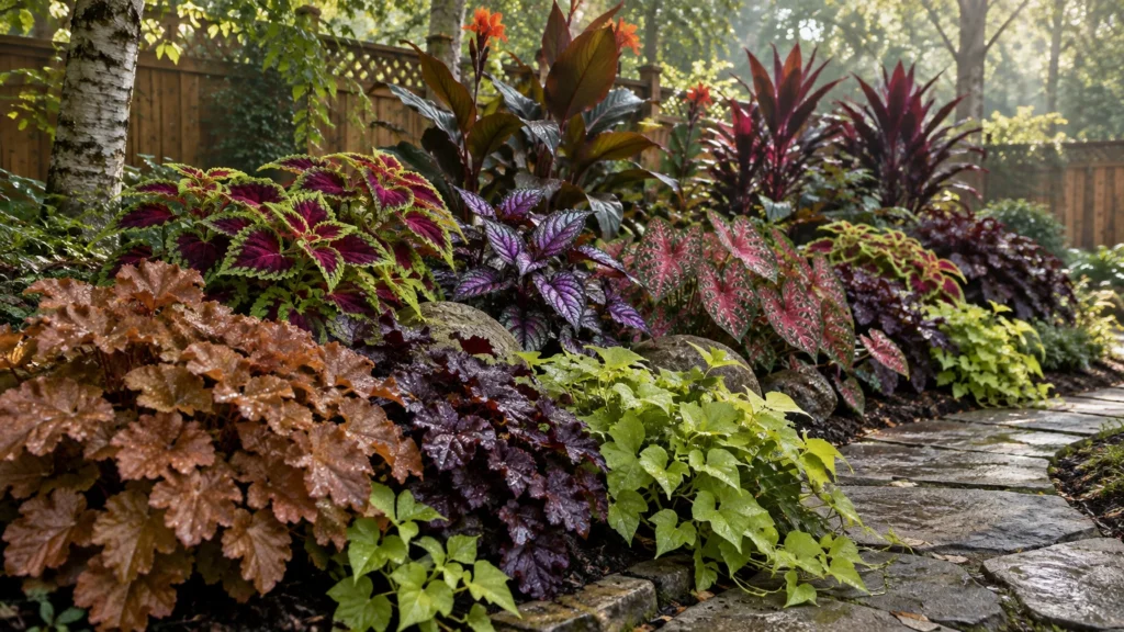 Lush garden border with colorful foliage plants in purple, bronze, and lime green beside a stone walkway.