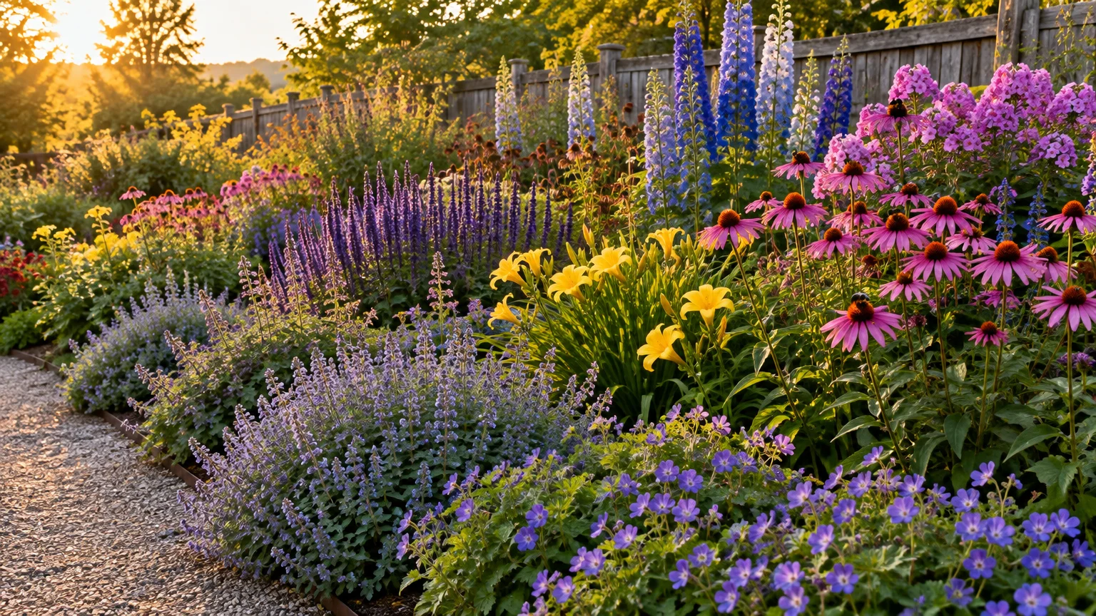 Lush flower bed along a gravel path filled with purple coneflowers, yellow daylilies, and blue delphiniums by a fence.