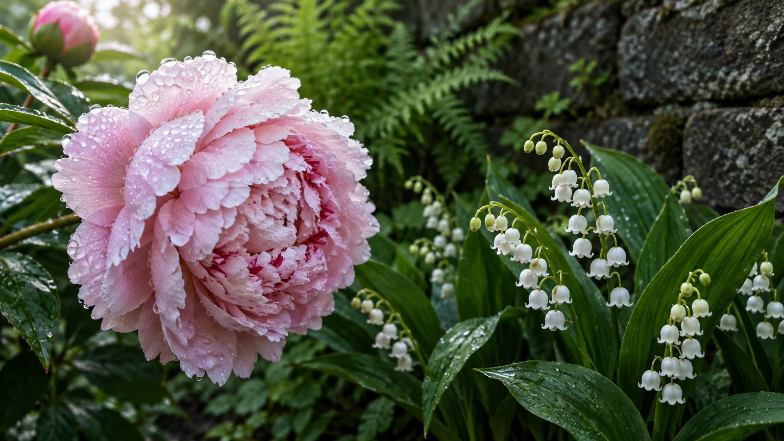 Close-up of a pink peony with water droplets blooming next to white lily of the valley bells by a stone wall.