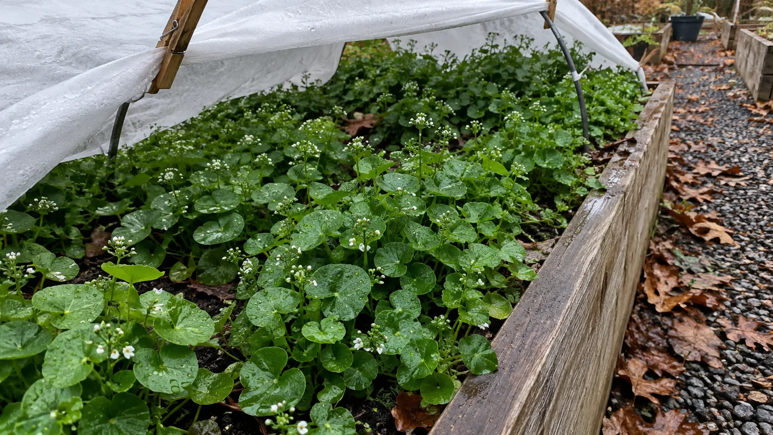 Miner's lettuce with small white flowers growing in a wooden raised bed under a white row cover tunnel.