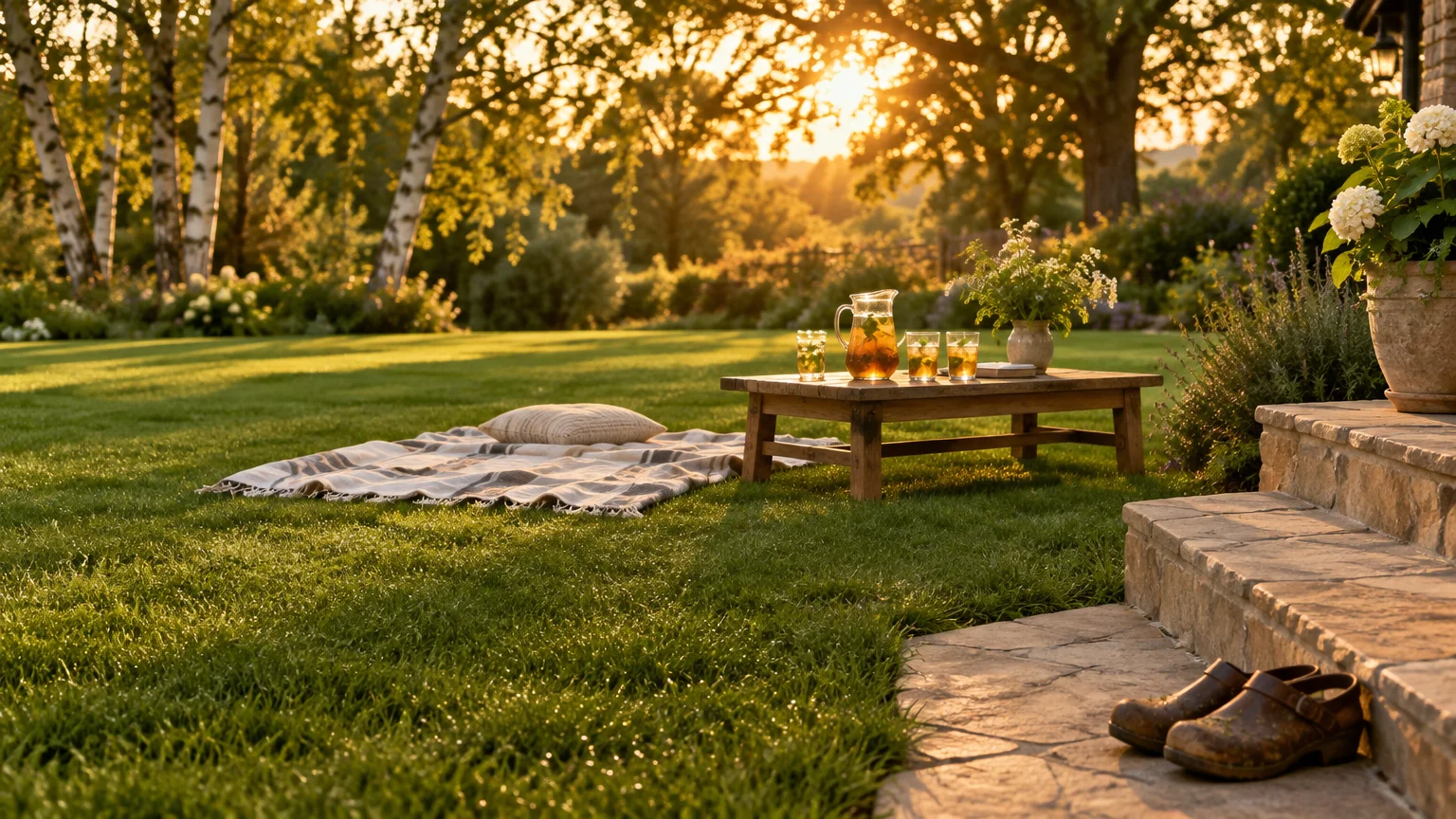 Low wooden table with iced drinks, blanket, and pillow on a lush green lawn beside stone steps at sunset.