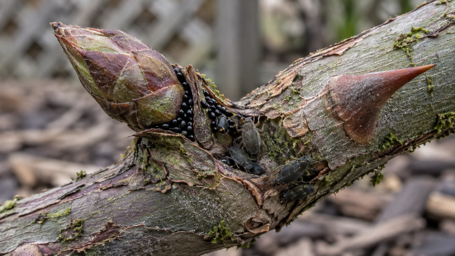 Tiny glossy black eggs and small dark insects clustered in the crevice of a thorny plant stem next to a bud.