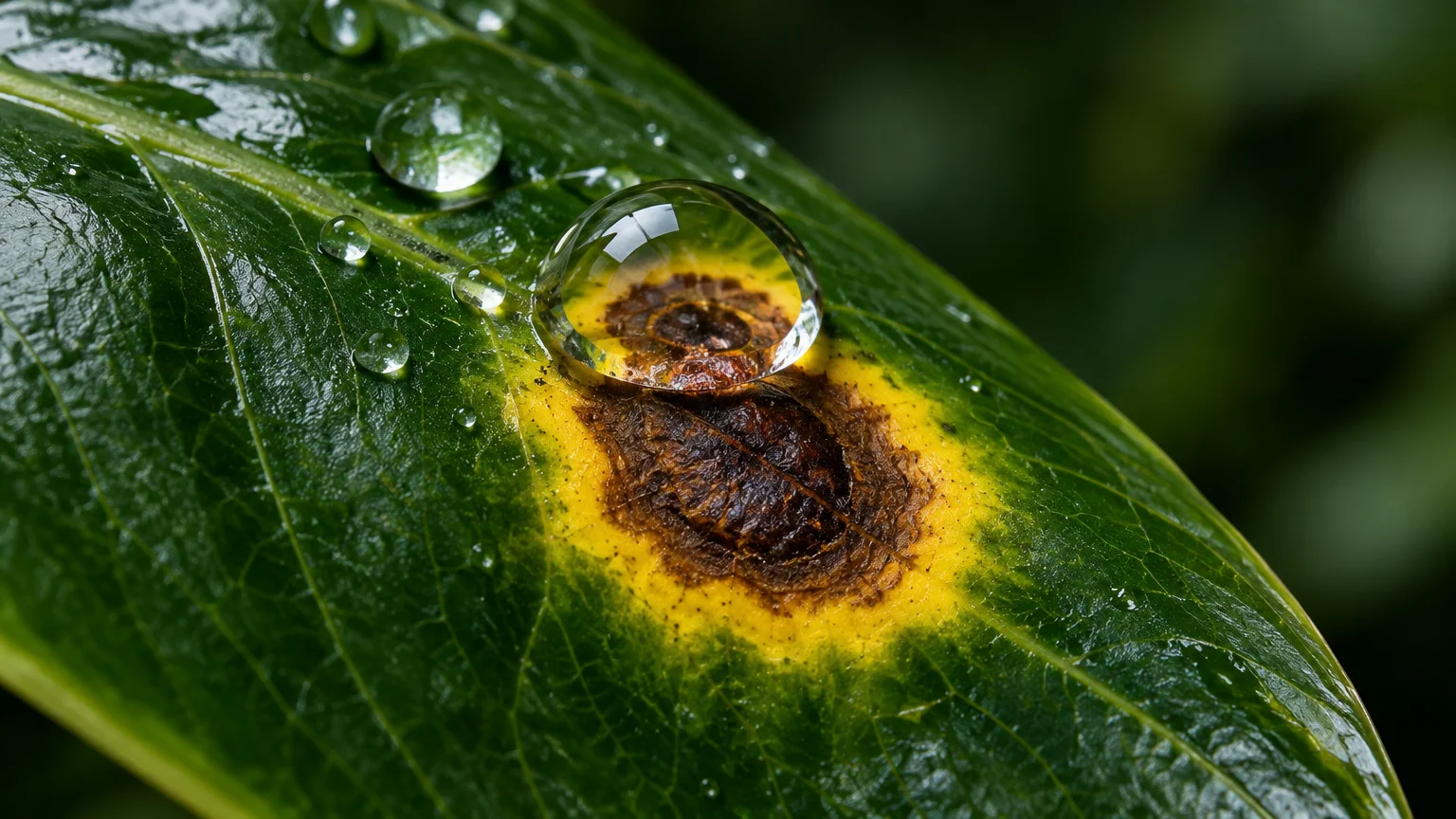 Close-up of a green leaf with water droplets over a brown fungal spot ringed with bright yellow.