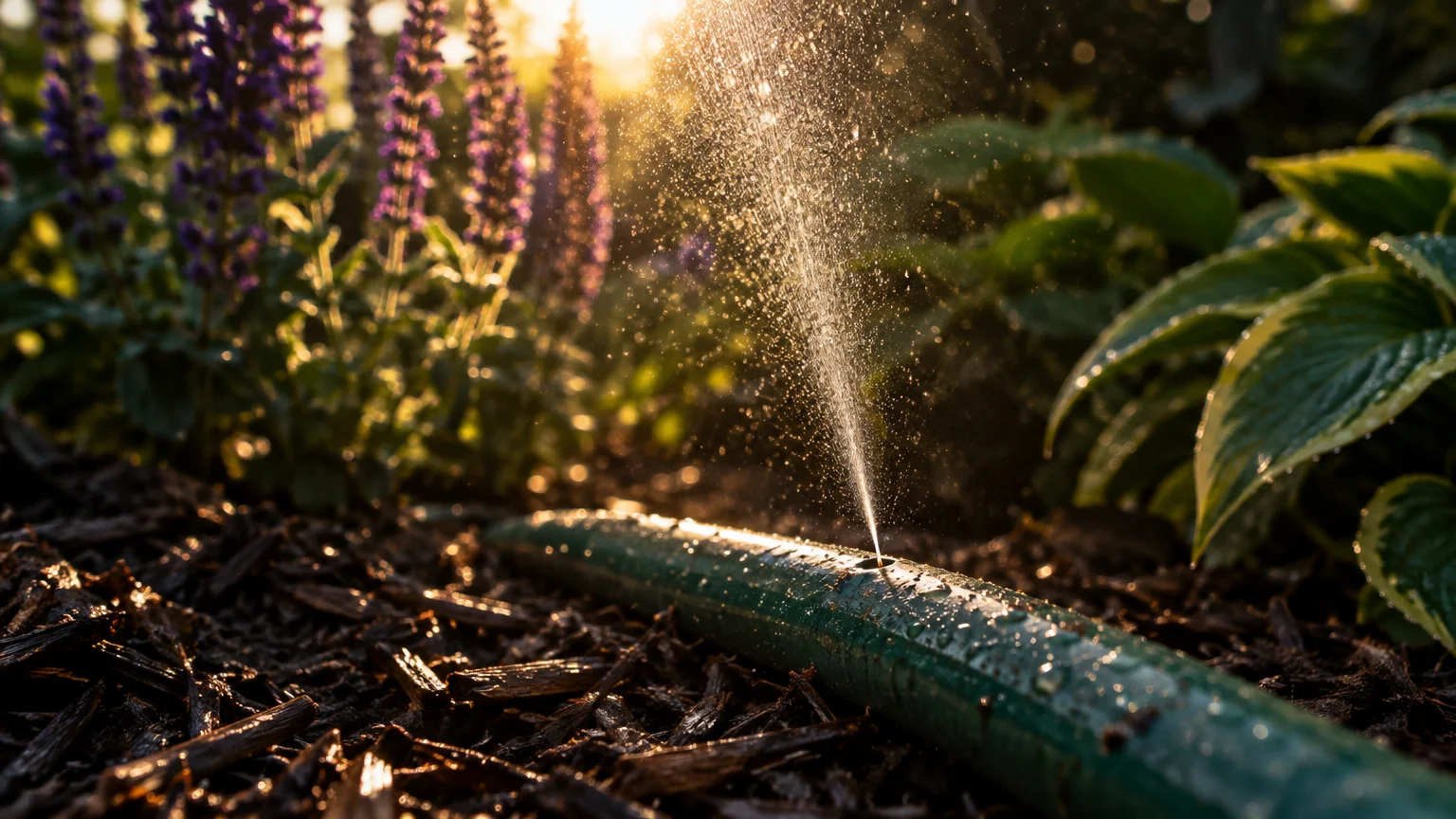 A green garden hose lying in dark mulch sprays a fine mist of water upward into golden sunlight near purple flowers.