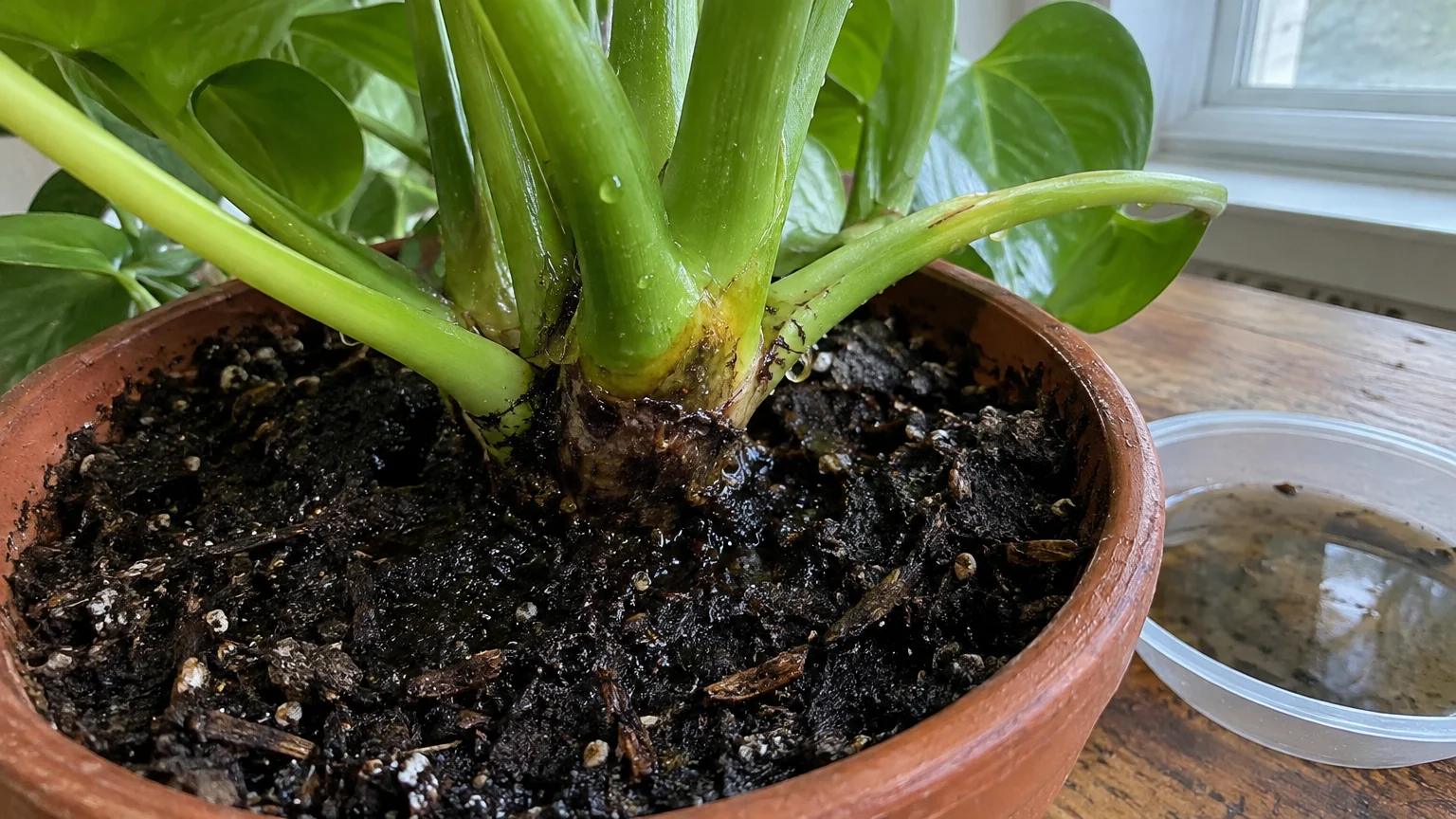 Base of a potted green houseplant in wet soil, showing dark brown discoloration and moisture drops near the crown.