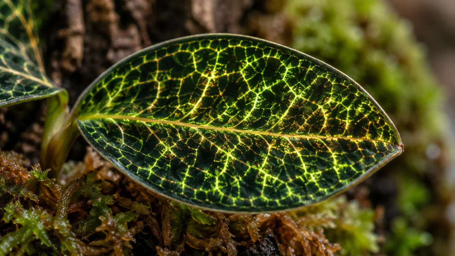 Close-up of a dark green jewel orchid leaf covered in intricate, glowing golden-green webbed veins over moss.