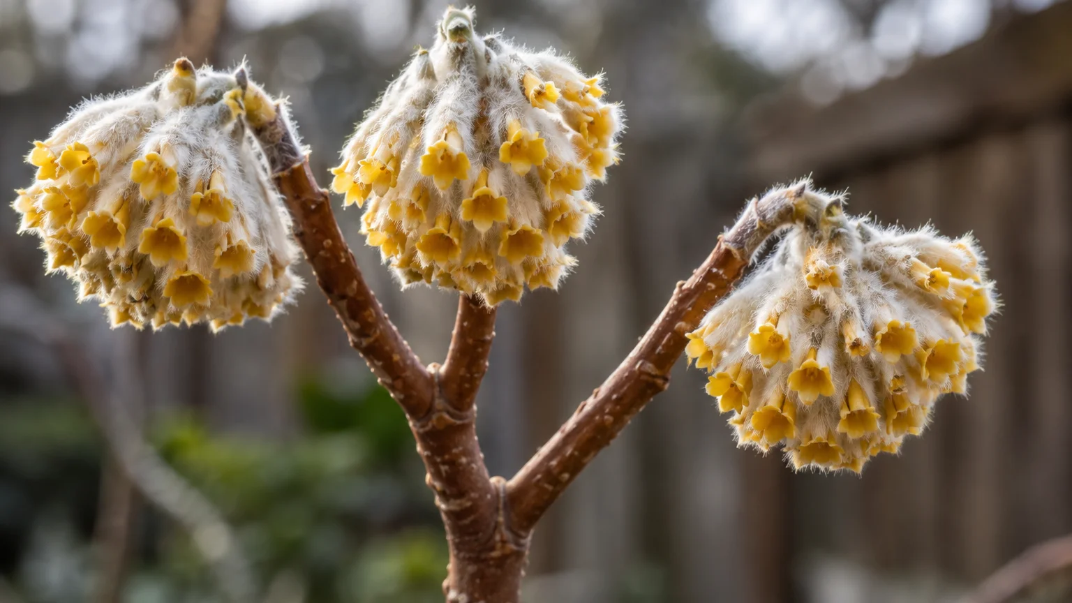 Three drooping spherical clusters of fuzzy yellow florets blooming on bare, brown paperbush branches.