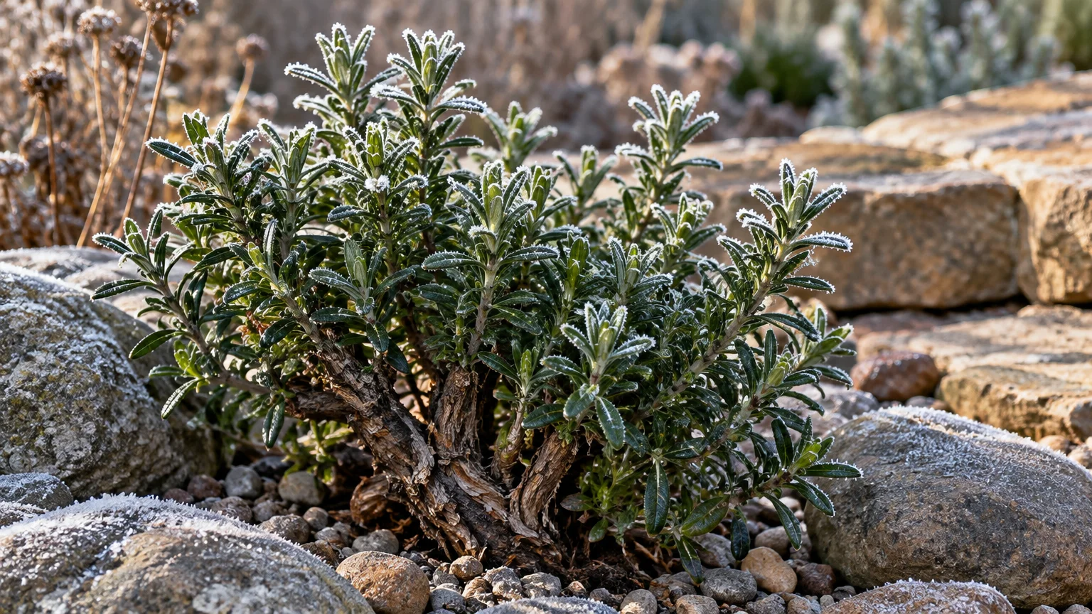 Frost-rimmed green leaves of a small, woody winter savory subshrub growing among gravel and garden stones.