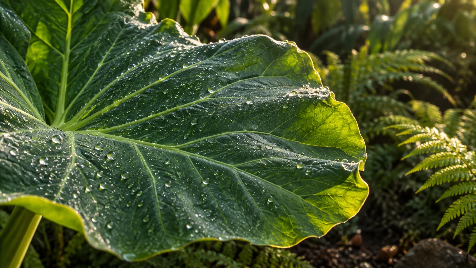 Close-up of a large green elephant ear leaf covered in water droplets with ferns in the background.