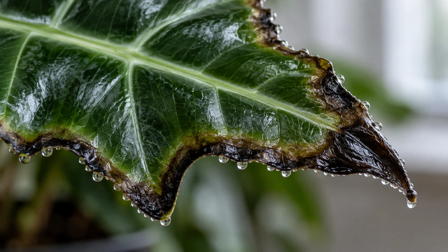 Close-up of a wet green leaf with blackened, decaying edges lined with hanging water droplets.