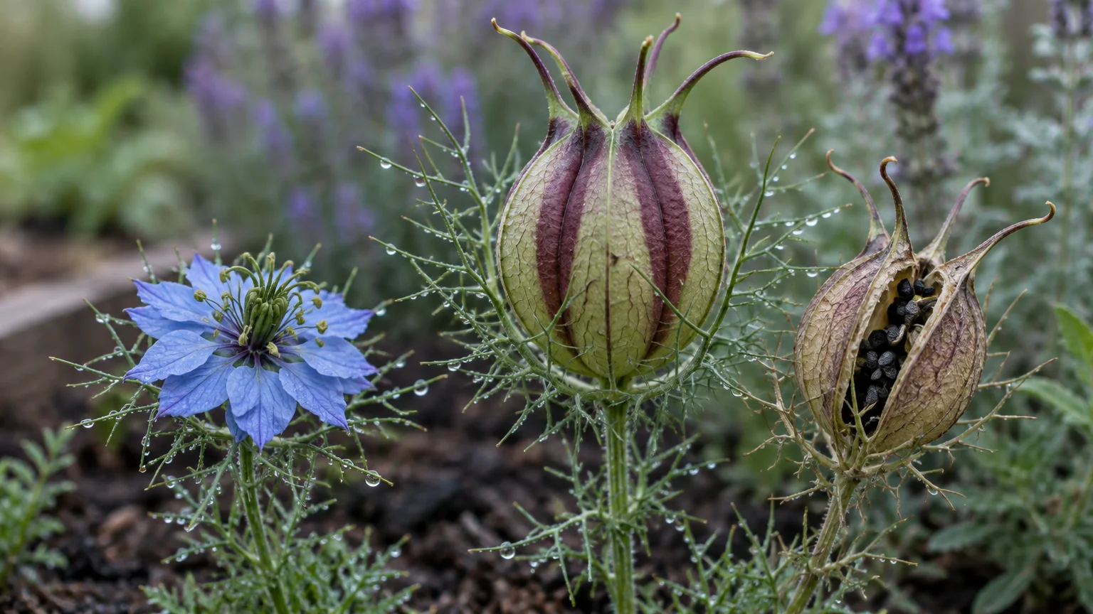 Blue love-in-a-mist flower beside a striped green seed capsule and an open pod revealing black seeds, dotted with dew.