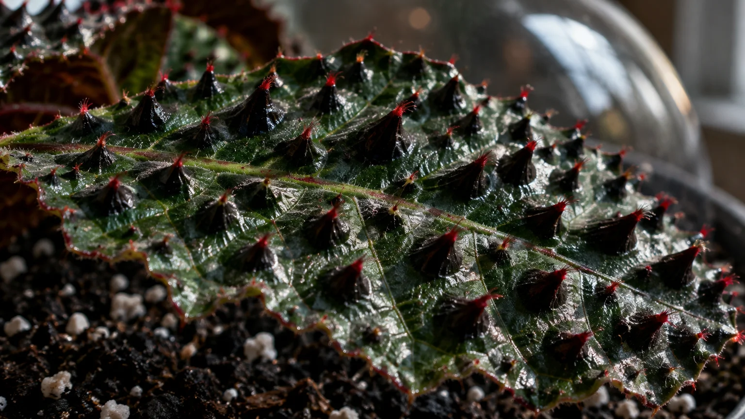 Close-up of a Begonia ferox leaf covered in raised black conical spikes with fine red tips growing in potting soil.