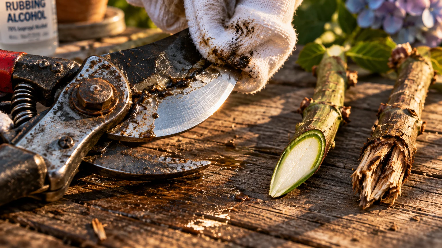 A gloved hand wipes dirty pruning shears with a cloth beside a clean angled stem cut and a crushed branch.