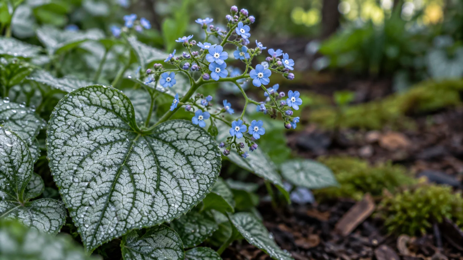 Small sky-blue flowers bloom above heart-shaped, silver-patterned green leaves dotted with water droplets.