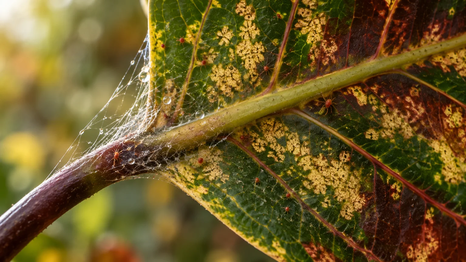 Macro view of tiny red spider mites crawling on fine webbing and the underside of a speckled, yellowing plant leaf.